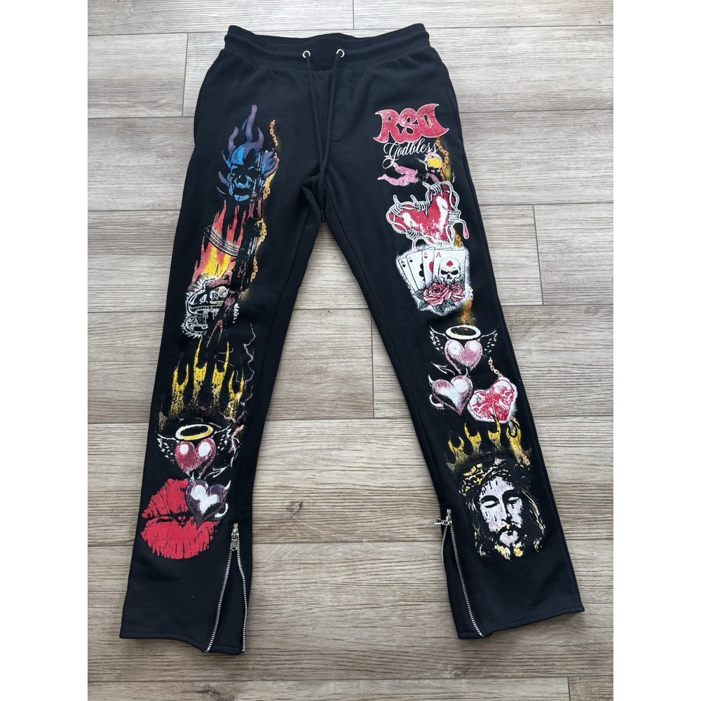 Rockstar Original Men's Graphic‎ Y2K Fleece Pants Medium Streetwear Tattoo Style